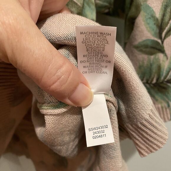 J Jill Sweater Women Petite LP Pink Green Pullover Royal Palm Leaf Printed NWT - Picture 15 of 16